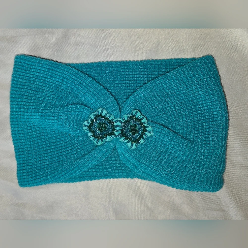 Claire's Teal Knit Headband with Floral Accents